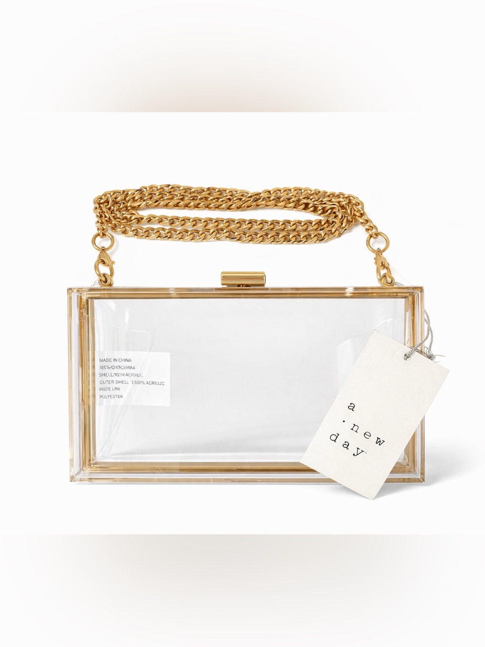 a new day Clear Acrylic Clutch with Gold Trim and Chain